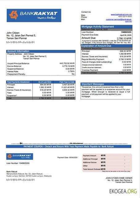 Modèle Word et PDF de relevé hypothécaire de la Malaysia Bank Rakyat